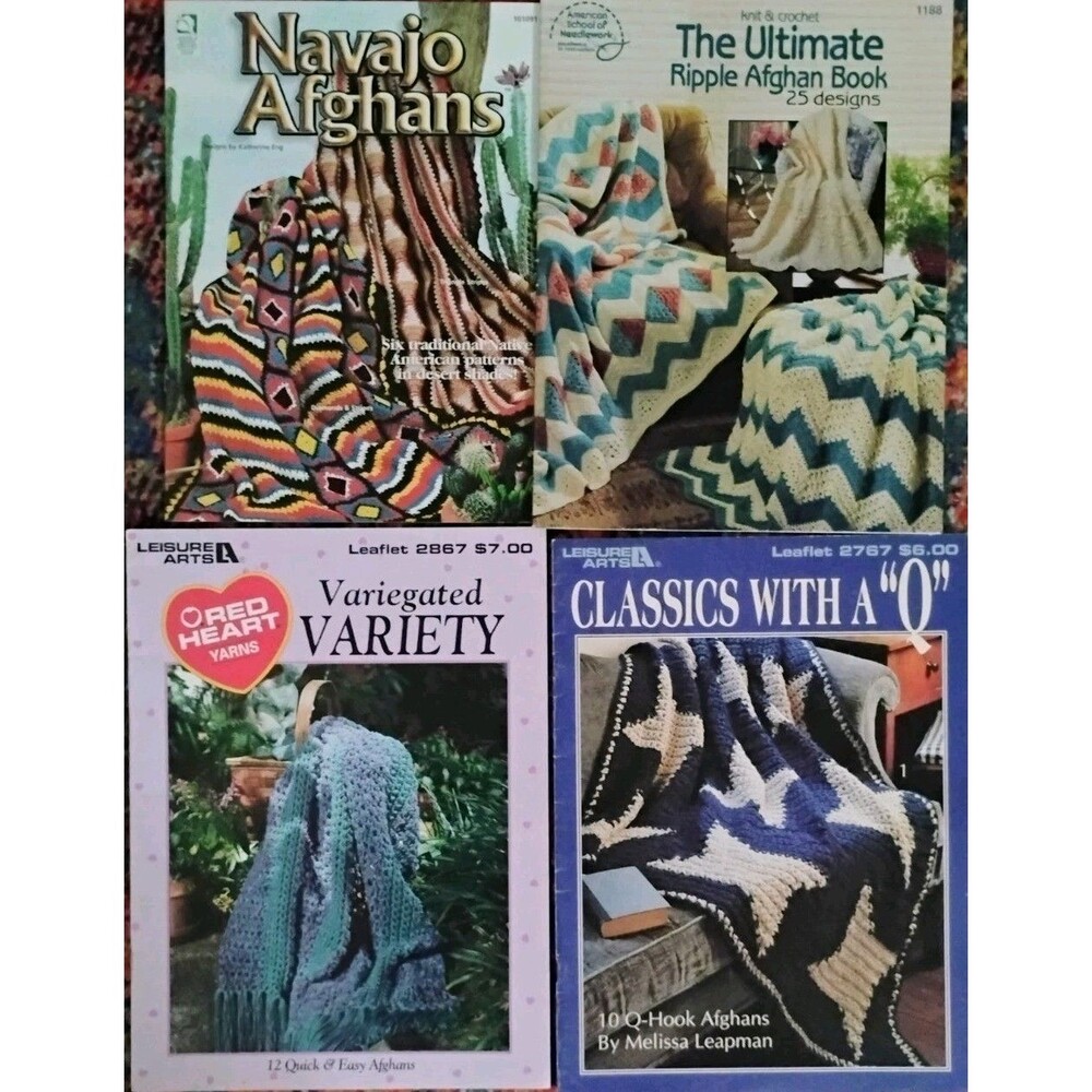 Vtg Crochet Afghan Pattern Lot 4 - Pristine Condition - Navajo Ripple Q-Hook - N